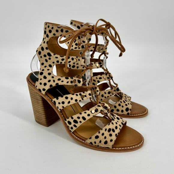 Dolce Vita Lyndon Sandal Size 9 Lace Up Heel Leopard Calf Hair Leather Gladiator - Picture 1 of 11